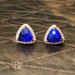 Trillion-Cut Pave Stud Earrings in Gold/Blue Cats Eye